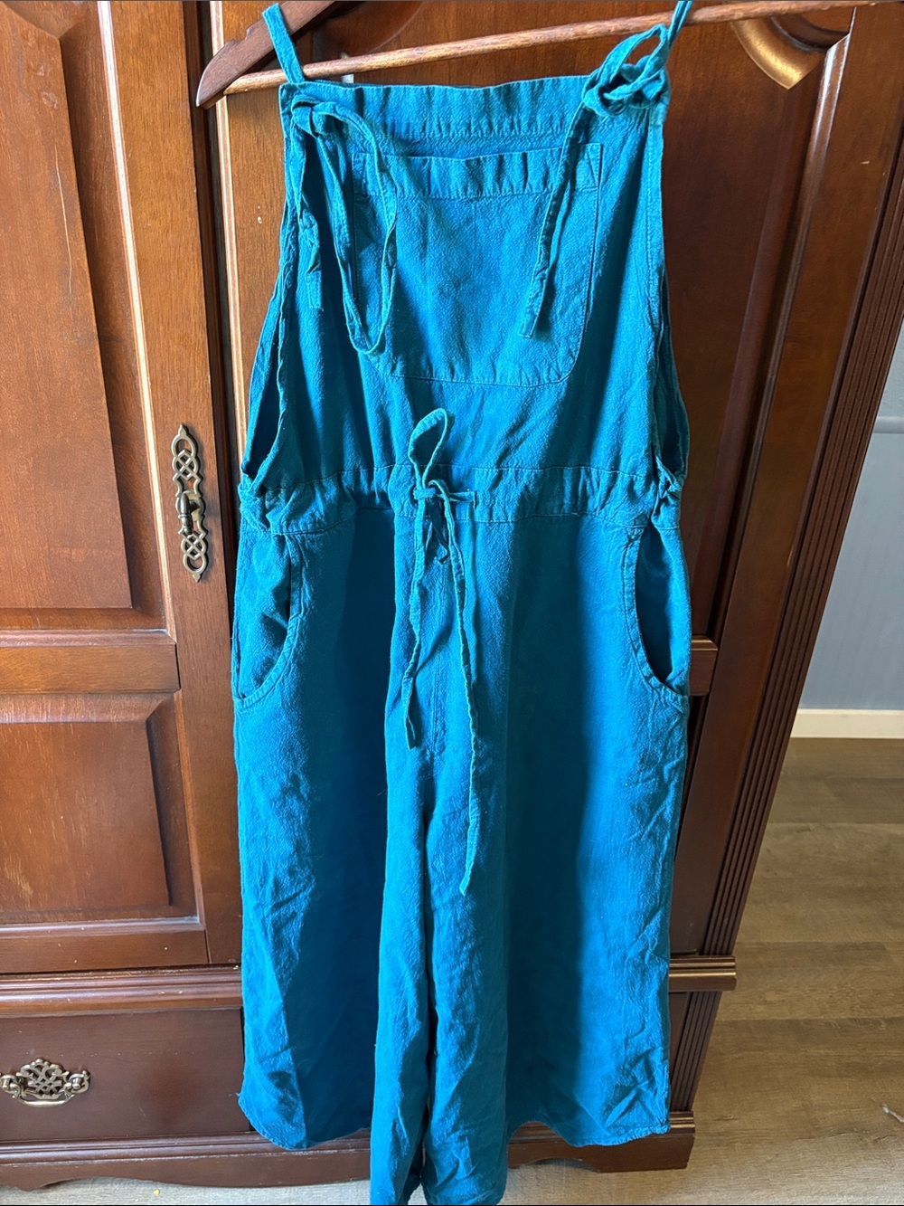 EARTHBOUND Teal Blue Linen Jumpsuit with Tie Straps